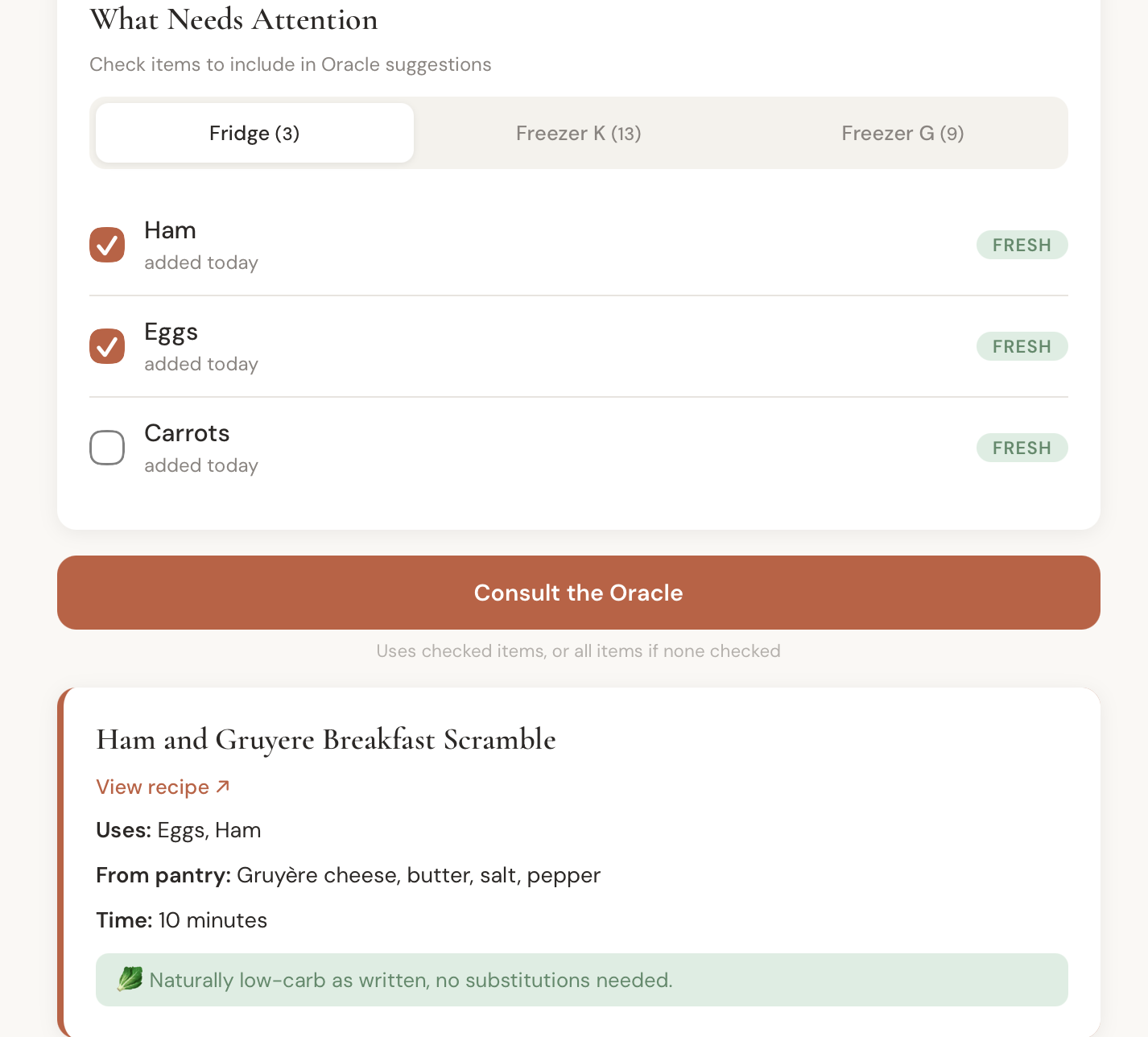 Kitchen Oracle dashboard with low-carb dinner suggestions
